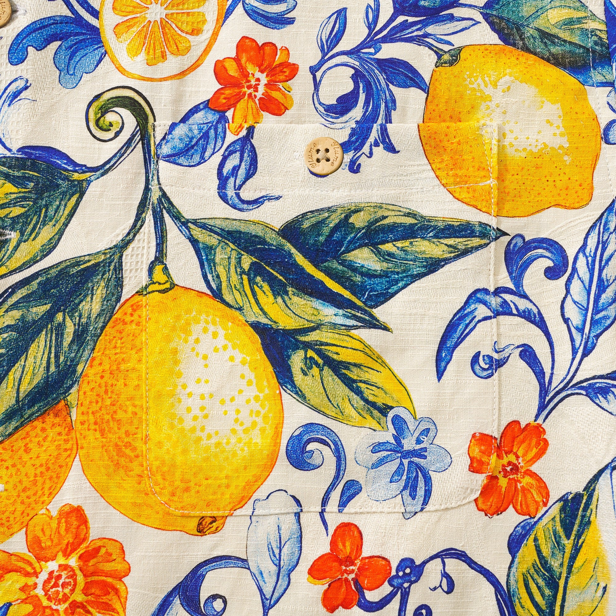 100% Silk Men's Hawaiian Shirt Short Sleeve Camp Collar 100% Silk Blue Aloha Sunlit Lemons