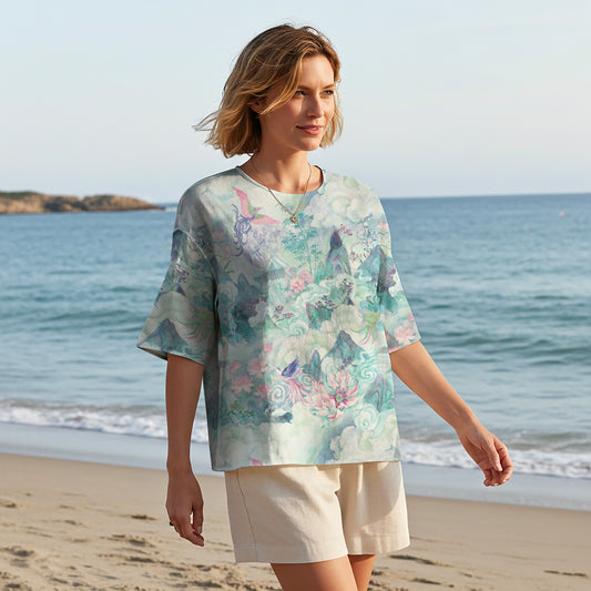 Women Casual Blouse Elbow Sleeve Round Neck Button-Back 95% Lyocell, 5% Linen Blue Aloha Painted Scroll Of The Celestial Garden