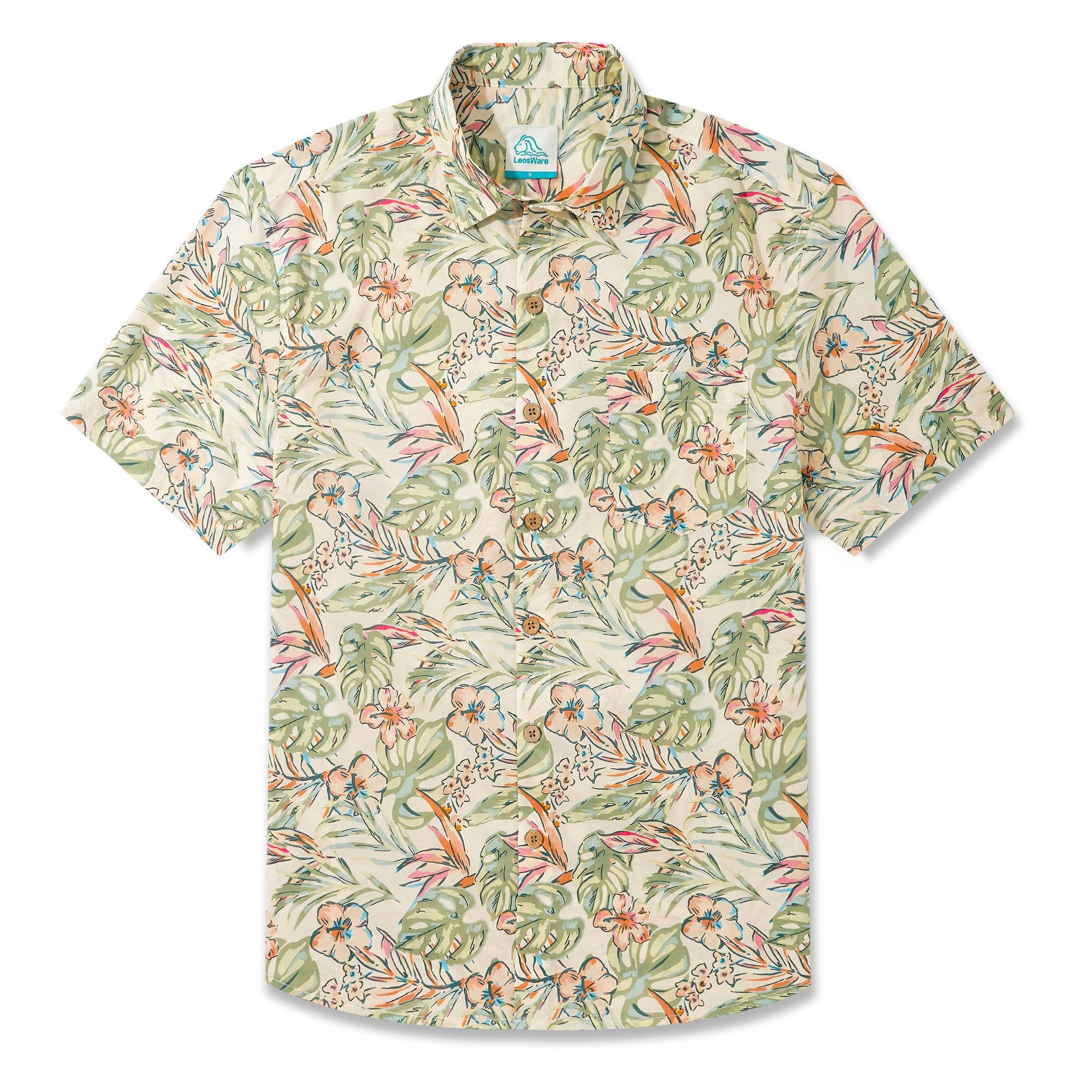 LeosWare® Men's Hawaiian Shirt Short Sleeve Button-up 100% Cotton Beige Aloha Fresh Tropical Plant Art