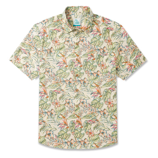 LeosWare® Men's Hawaiian Shirt Short Sleeve Button-up 100% Cotton Beige Aloha Fresh Tropical Plant Art