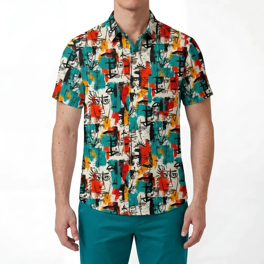 Front view of men's Hawaiian shirt with face doodles