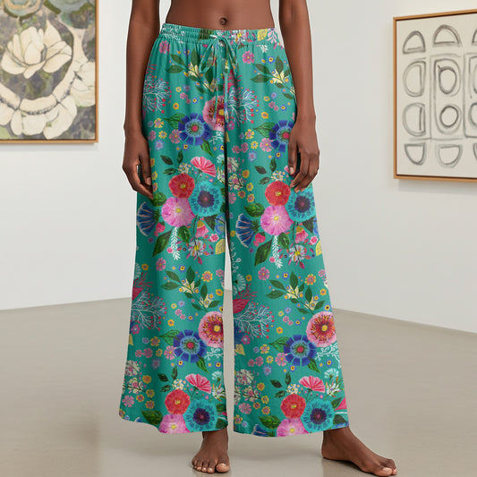 Women Casual Pants Lounge Elastic Waist Drawstring with Pockets 93% Lyocell, 7% Linen Green Aloha Dance Of Emerald Flowers