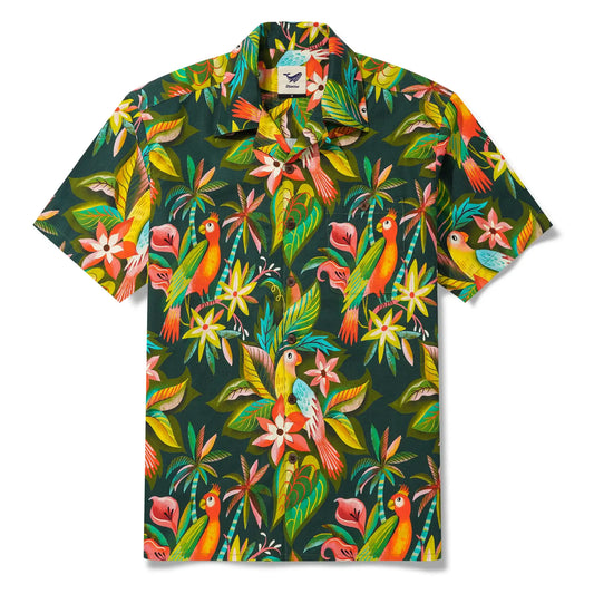 Men's green Hawaiian shirt with parrot design