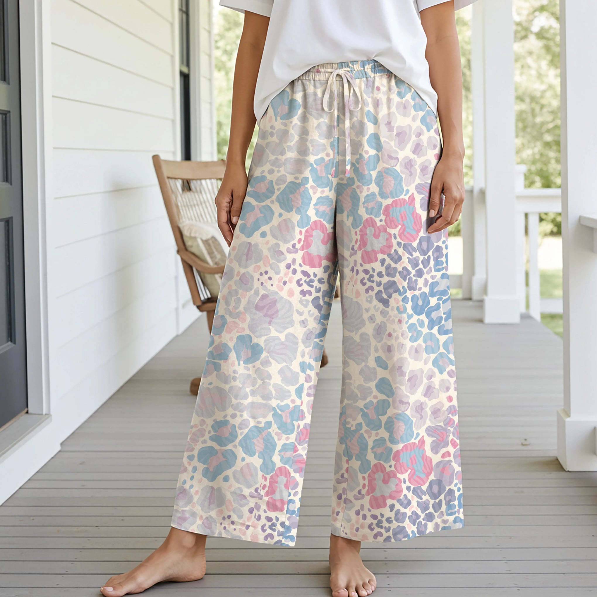 Women Casual Pants Lounge Elastic Waist Drawstring with Pockets 93% Lyocell, 7% Linen Beige Aloha Tropical Leopard Fantasy Camo Print