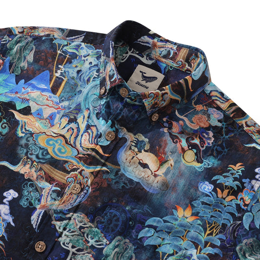 Camisa Hawaiana para Hombre Vintage de los Años 50 Armonía en Algodón Azul Cielo de Manga Larga Aloha