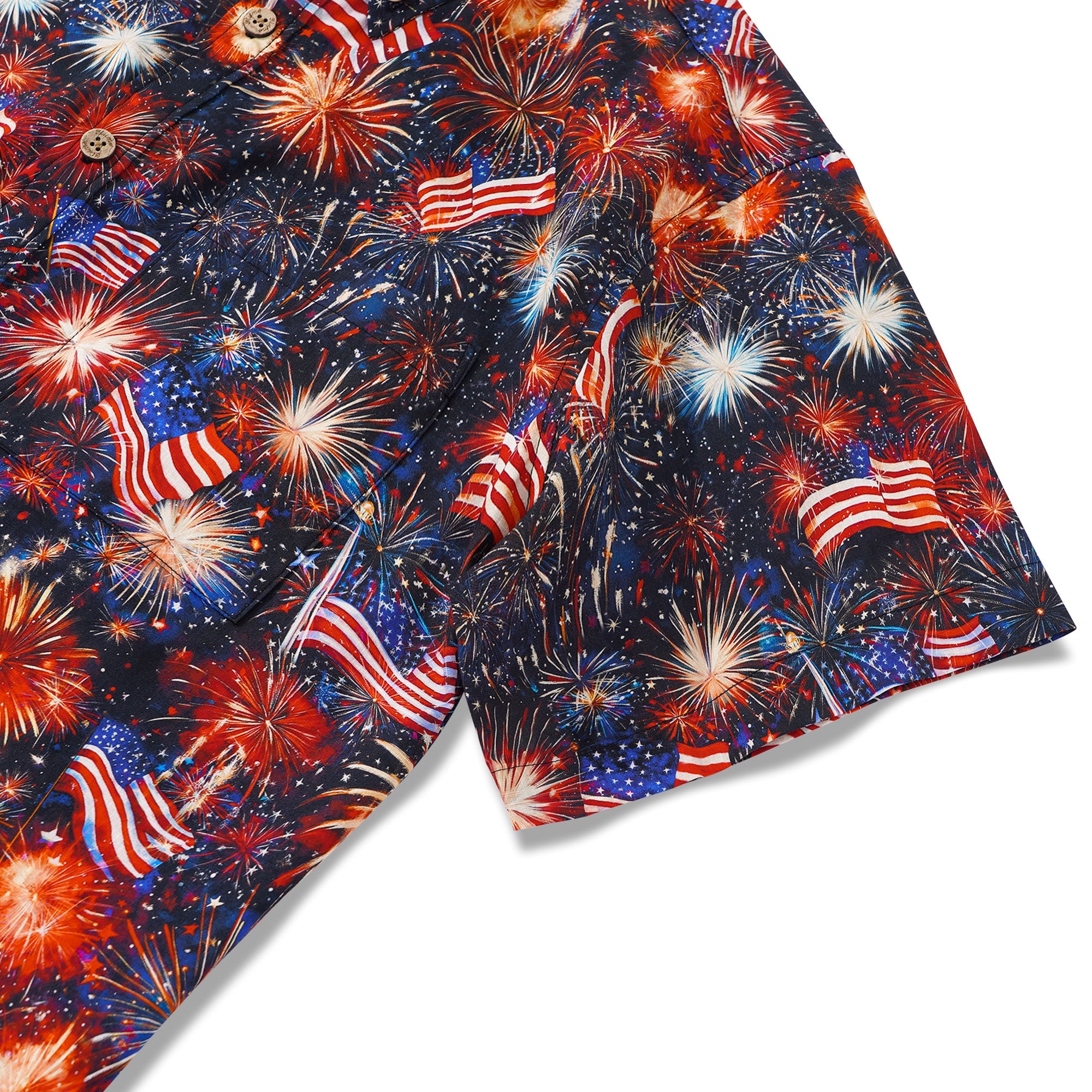 Herren Hawaiian Shirt Kurzarm Button-Down 100% Baumwolle Schwarz Aloha Patriotische Feuerwerke