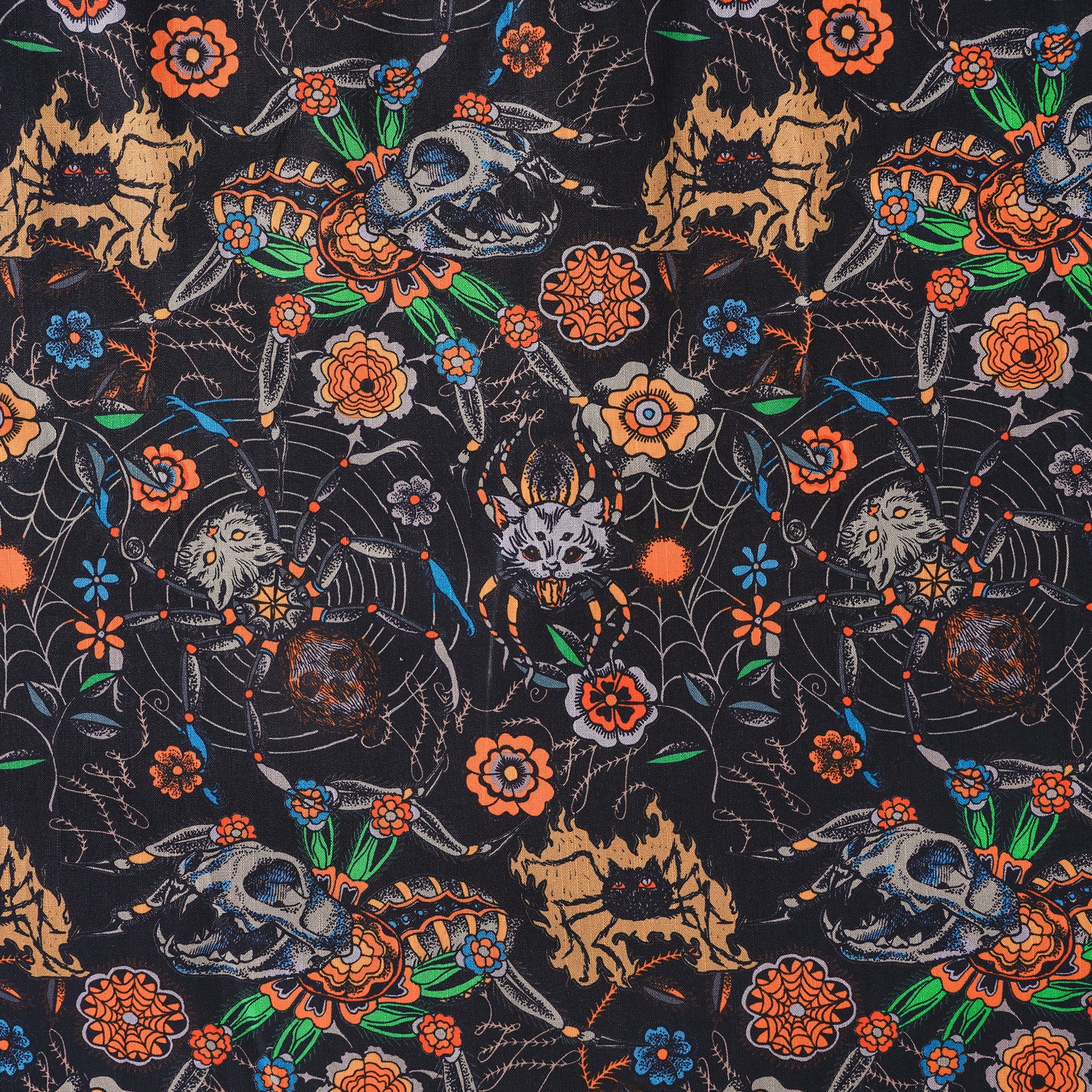 Men's Hawaiian Shirt Short Sleeve Button-down 100% Cotton Black Aloha Spider Cat