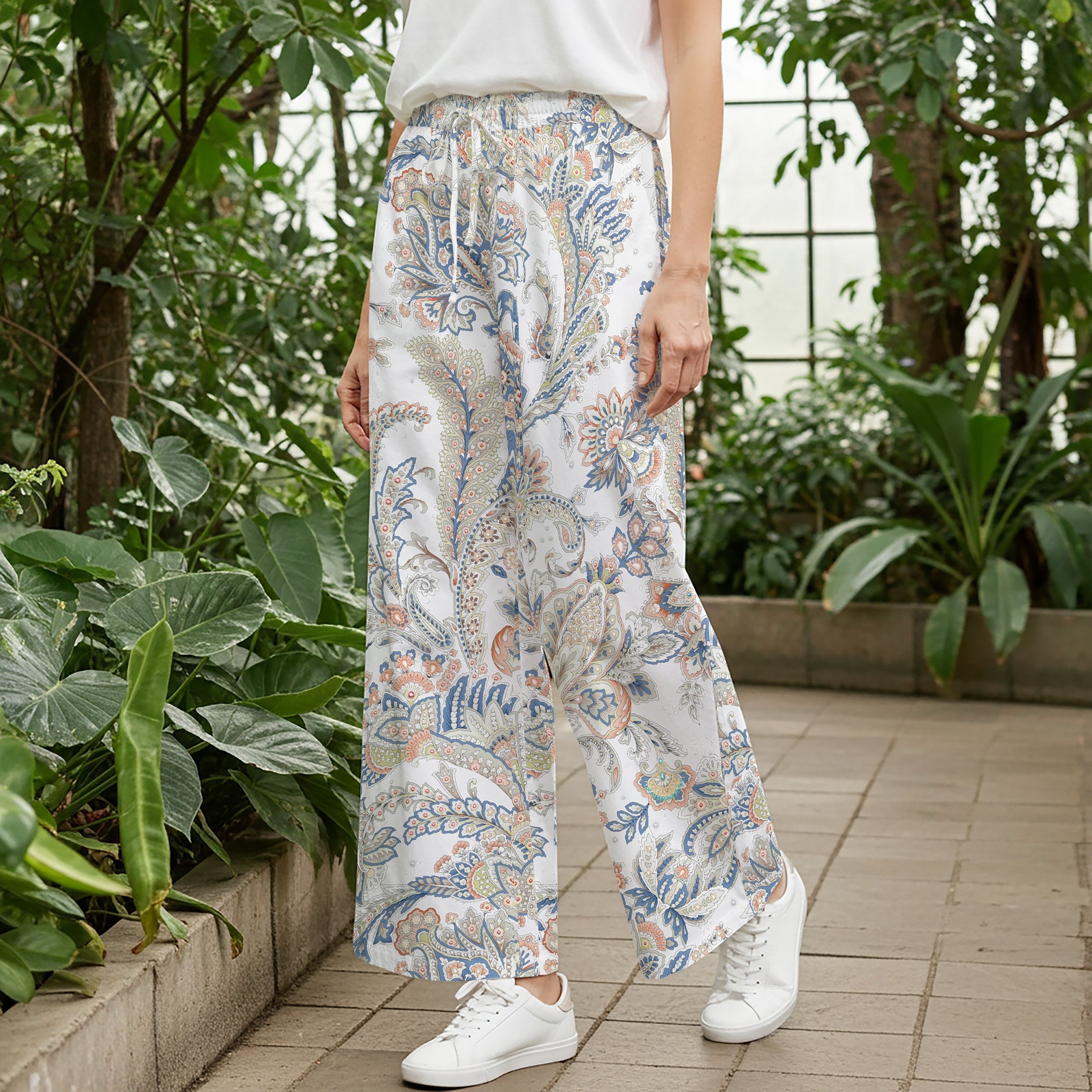 Women Casual Pants Lounge Elastic Waist Drawstring with Pockets 93% Lyocell, 7% Linen Blue Aloha Powder Blue Paisley Charm