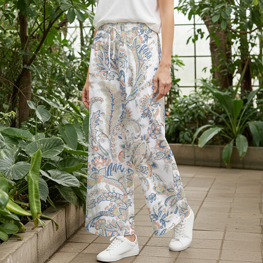 Women Casual Pants Lounge Elastic Waist Drawstring with Pockets 93% Lyocell, 7% Linen Blue Aloha Powder Blue Paisley Charm