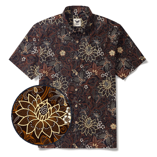 Men's Hawaiian Shirt Short Sleeve Button-down 100% Cotton Yellow Aloha Enchanting Blooms And Butterflies