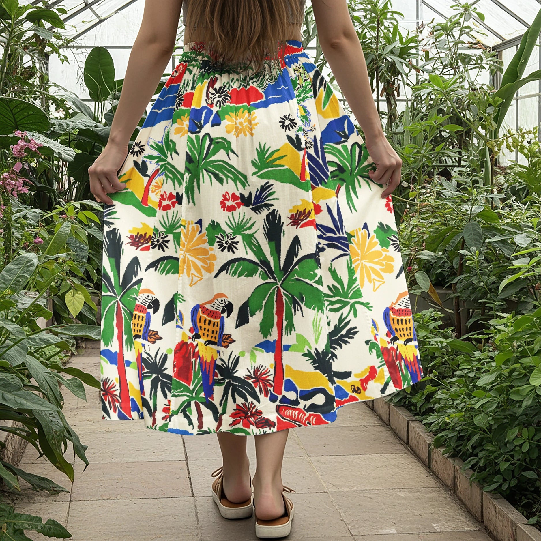 Women Casual Maxi Skirt Long Elastic Waist with Pockets 100% Cotton Red Aloha Vacation Vibes