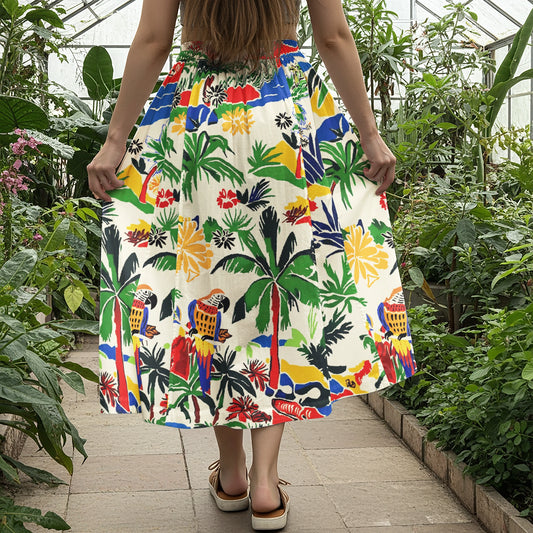 Women Casual Maxi Skirt Long Elastic Waist with Pockets 100% Cotton Red Aloha Vacation Vibes