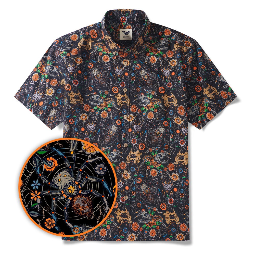 Men's Hawaiian Shirt Short Sleeve Button-down 100% Cotton Black Aloha Spider Cat