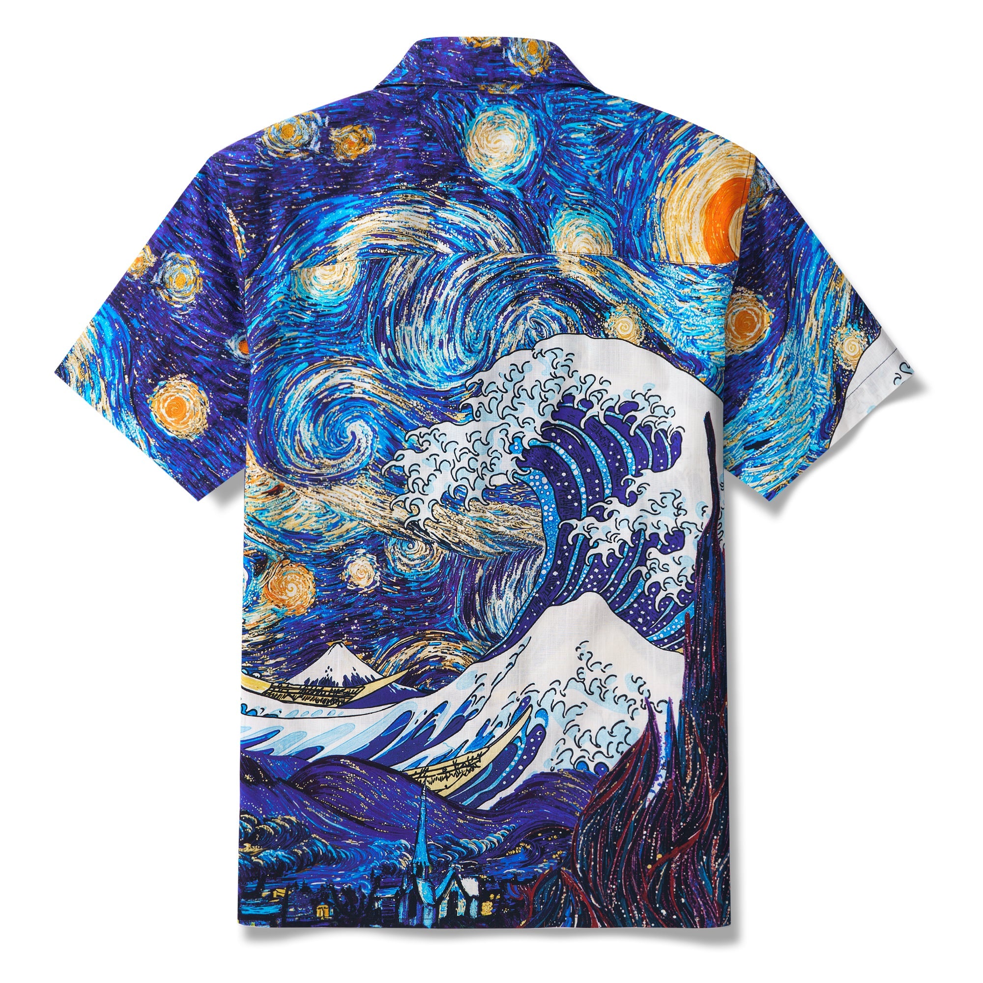 Yiume Great Wave Shirt For Men 100% Cotton Short Sleeve Camp Collar Shirt Blue Hawaiian Shirt Ocean Waves And Starlit Nights