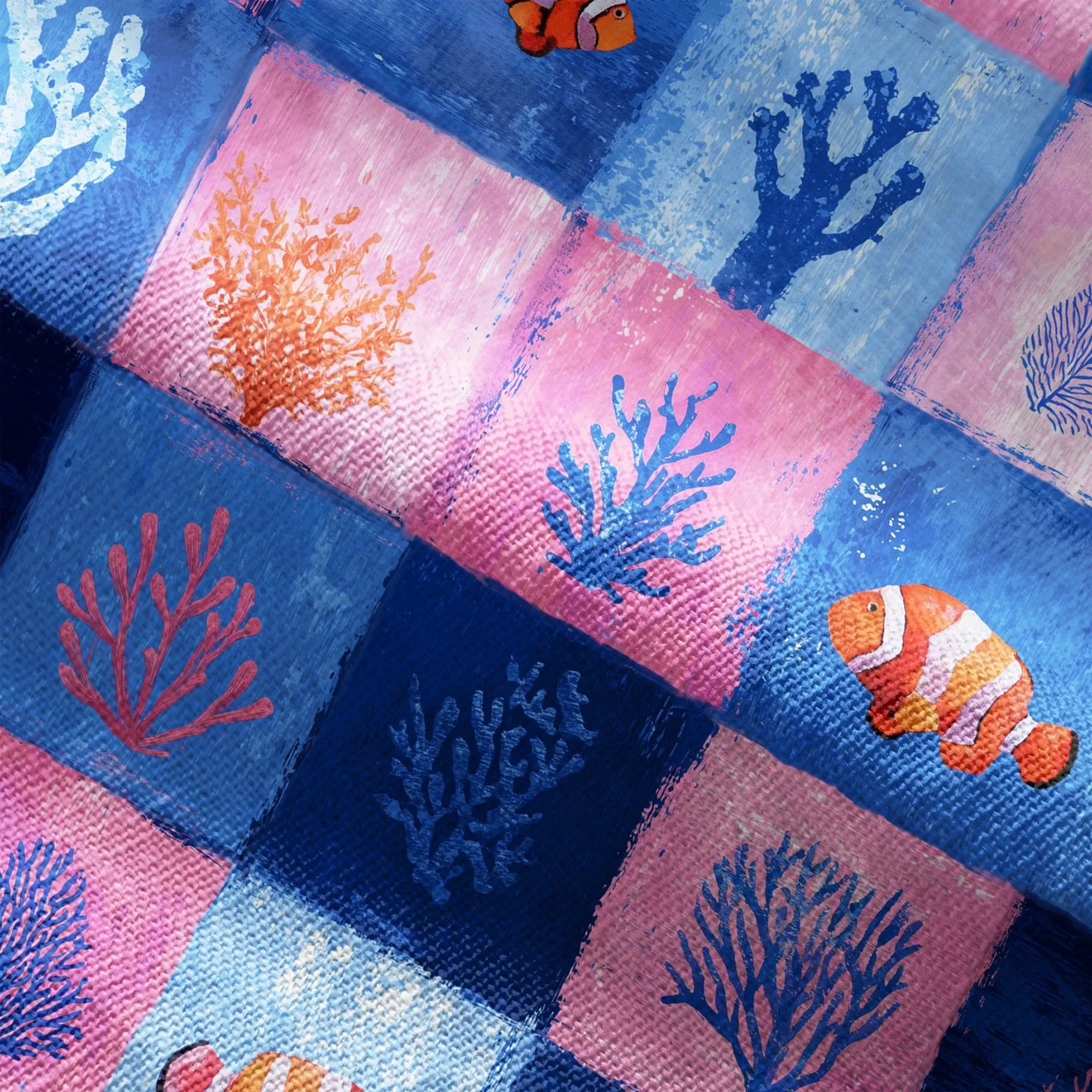 Blue plaid pants with coral and starfish elements