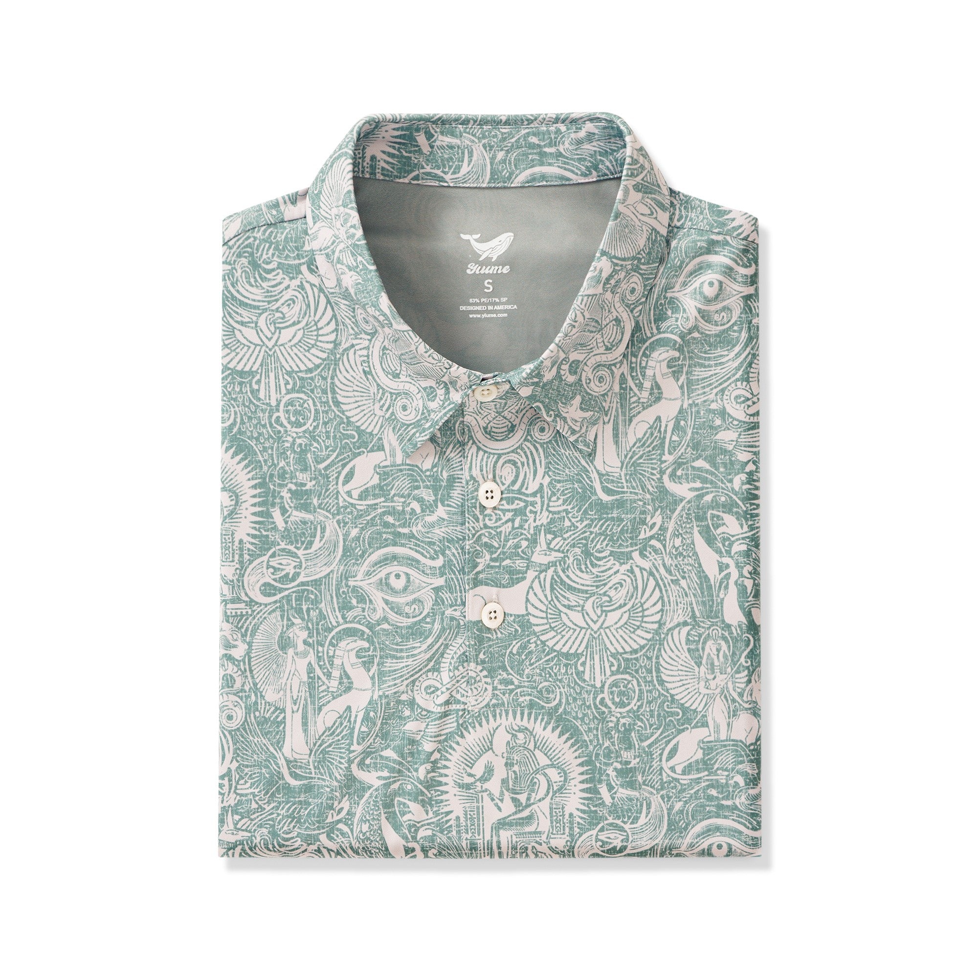 メンズハワイアンポロシャツ半袖83％リサイクルポリエステル17％スパンデックスグリーンアロハエジプト神話