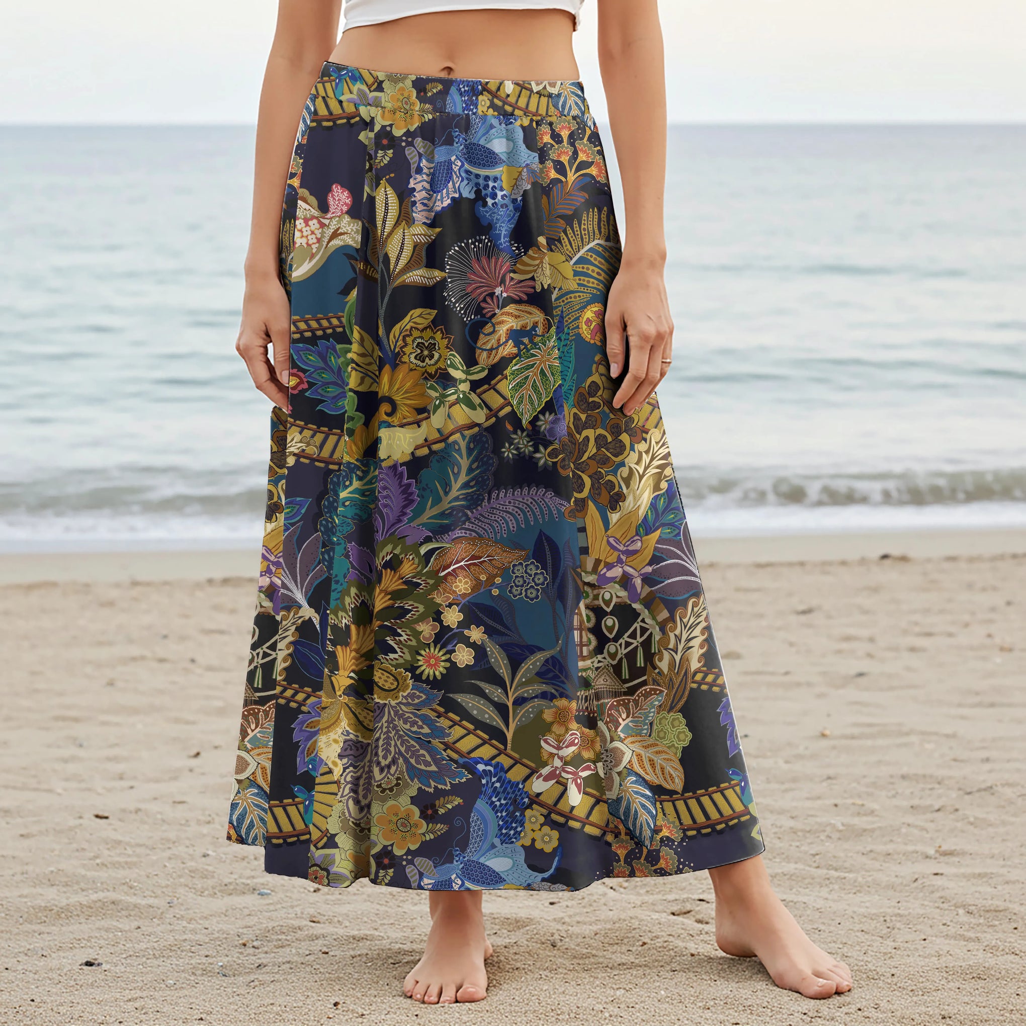 Women Casual Maxi Skirt Long Elastic Waist with Pockets 100% Cotton Brown Aloha Magic Plants Realm