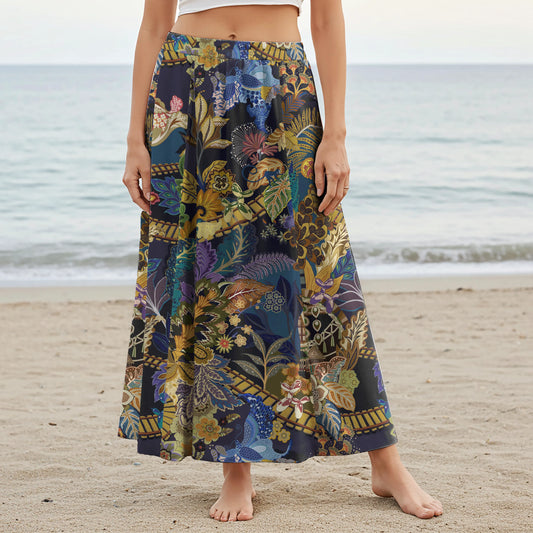 Women Casual Maxi Skirt Long Elastic Waist with Pockets 100% Cotton Brown Aloha Magic Plants Realm