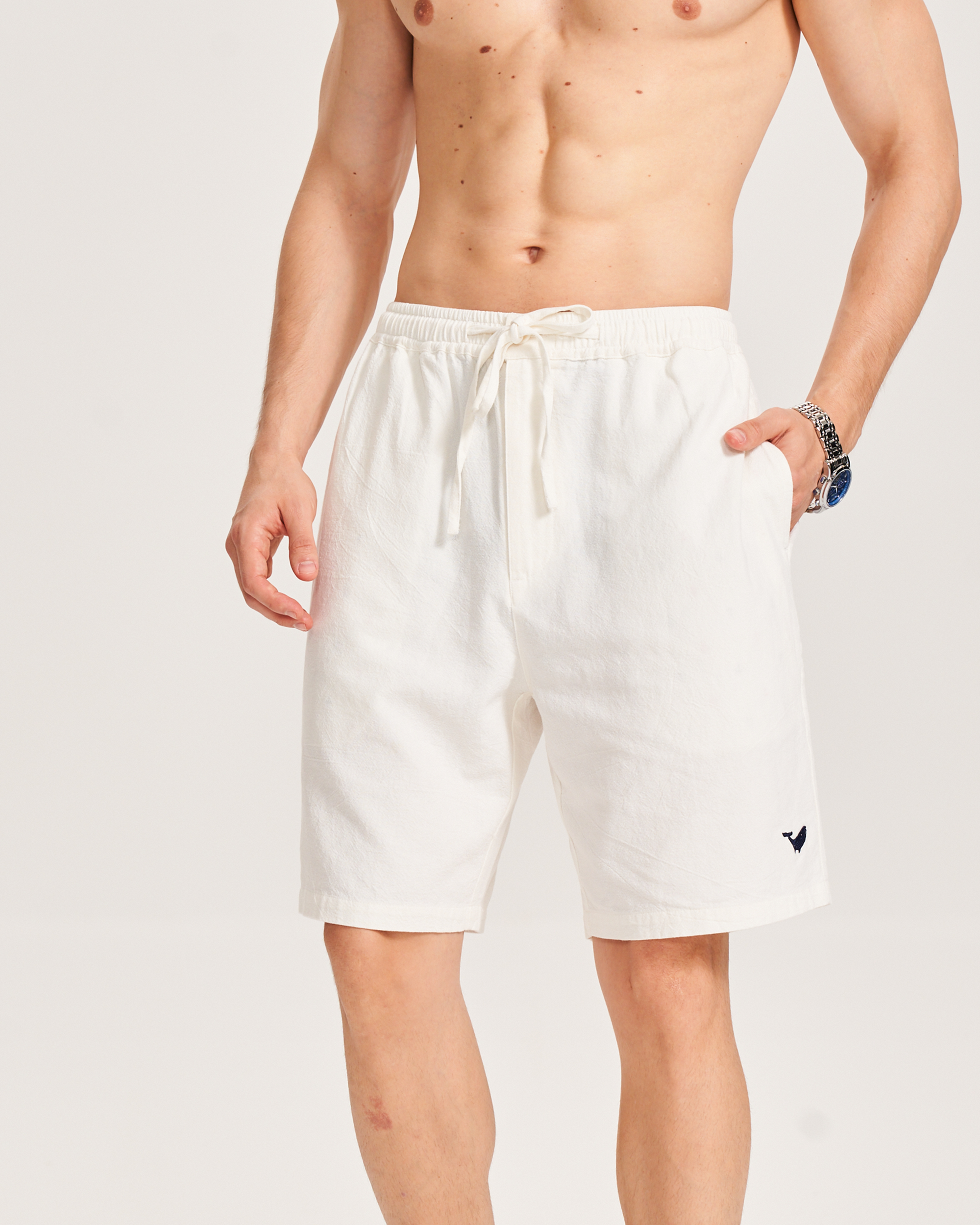 Shorts en Lin pour Hommes Mi-Haut Droits Bermuda 8-10 Pouces 5 Poches - Version BLANCHE 3.0