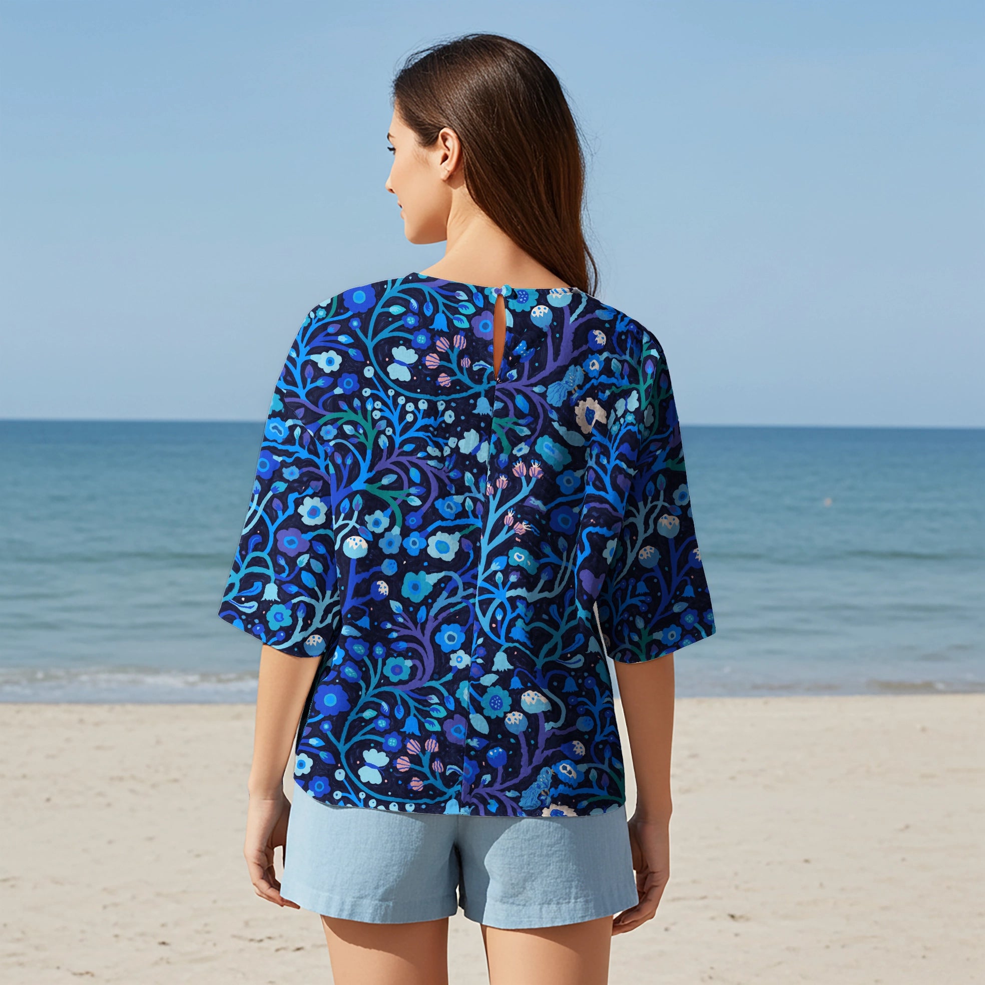 Women Casual Blouse Elbow Sleeve Crew Neck Button-Back 95% Lyocell, 5% Linen Blue Aloha Midnight Garden