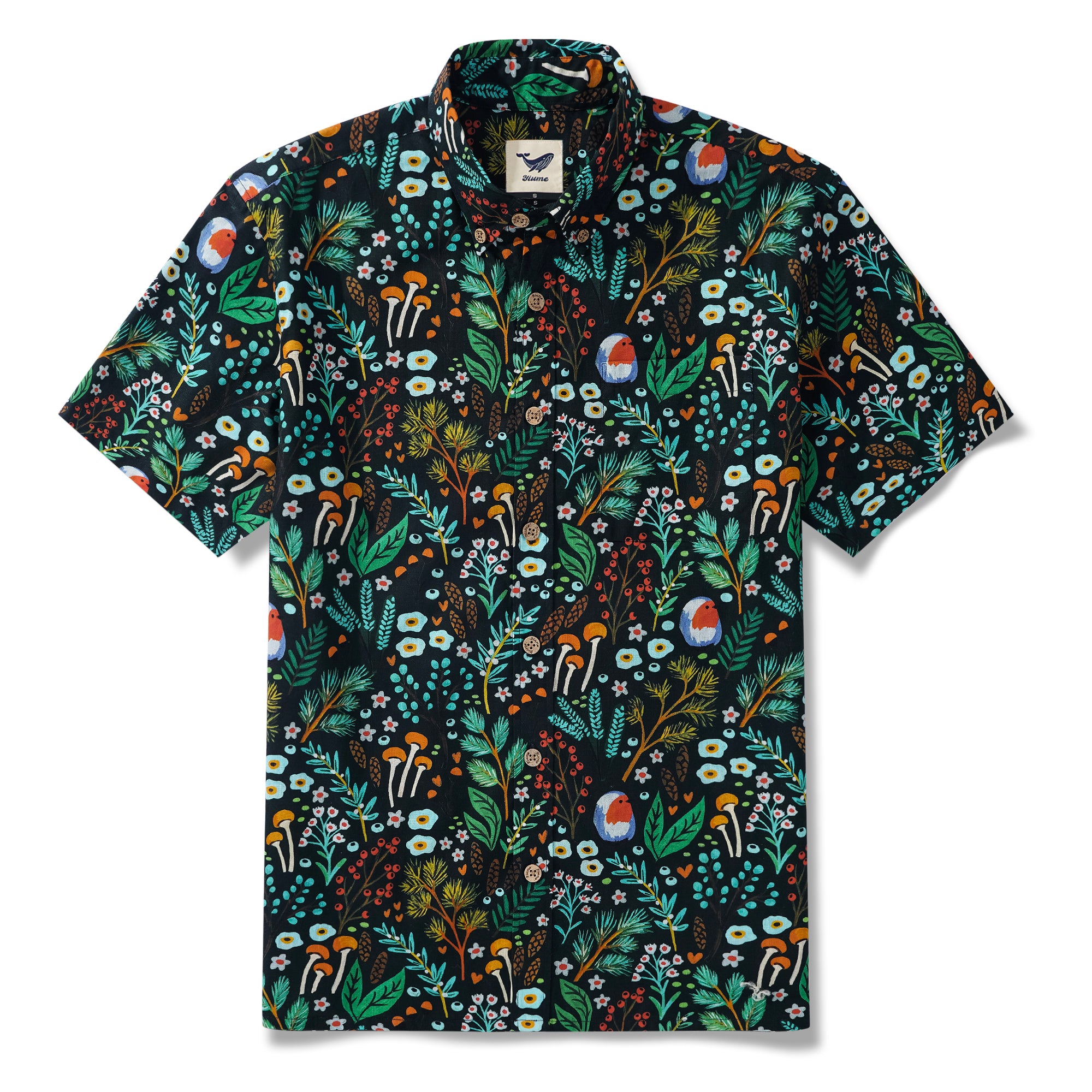 Woodland Walk von Shelley Aldrich 100% Baumwolle Herren Aloha Hawaiian Kurzarm Hemd mit Knöpfen