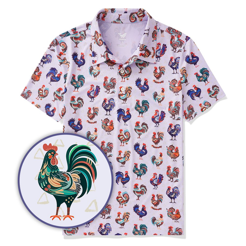 Men's Hawaiian Polo Shirt Short Sleeve 83% Recycled polyester 17% Spandex Yellow Aloha Rooster & Hibiscus