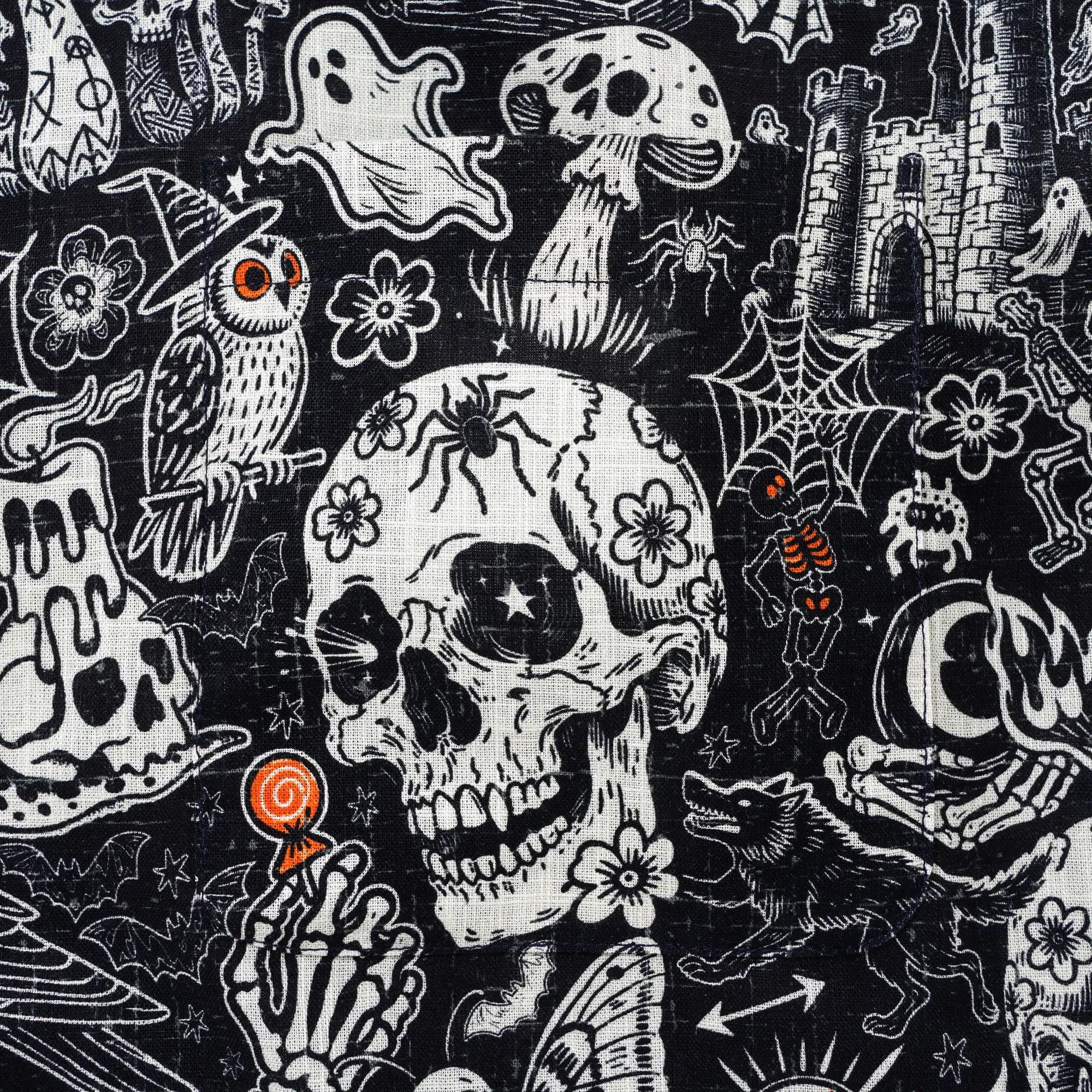 Men's Hawaiian Shirt Long Sleeve Button-down 100% Cotton Black Aloha Halloween Bash