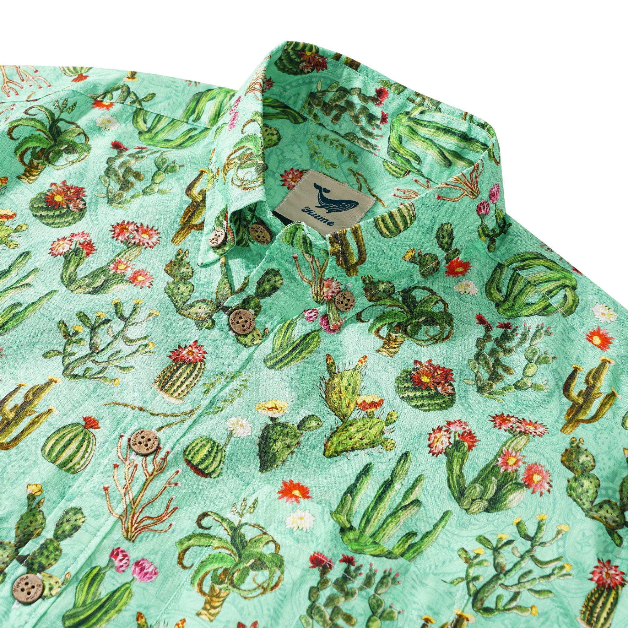 Cactus Print Men's Green Hawaiian Shirt - Short Sleeve Button-Down