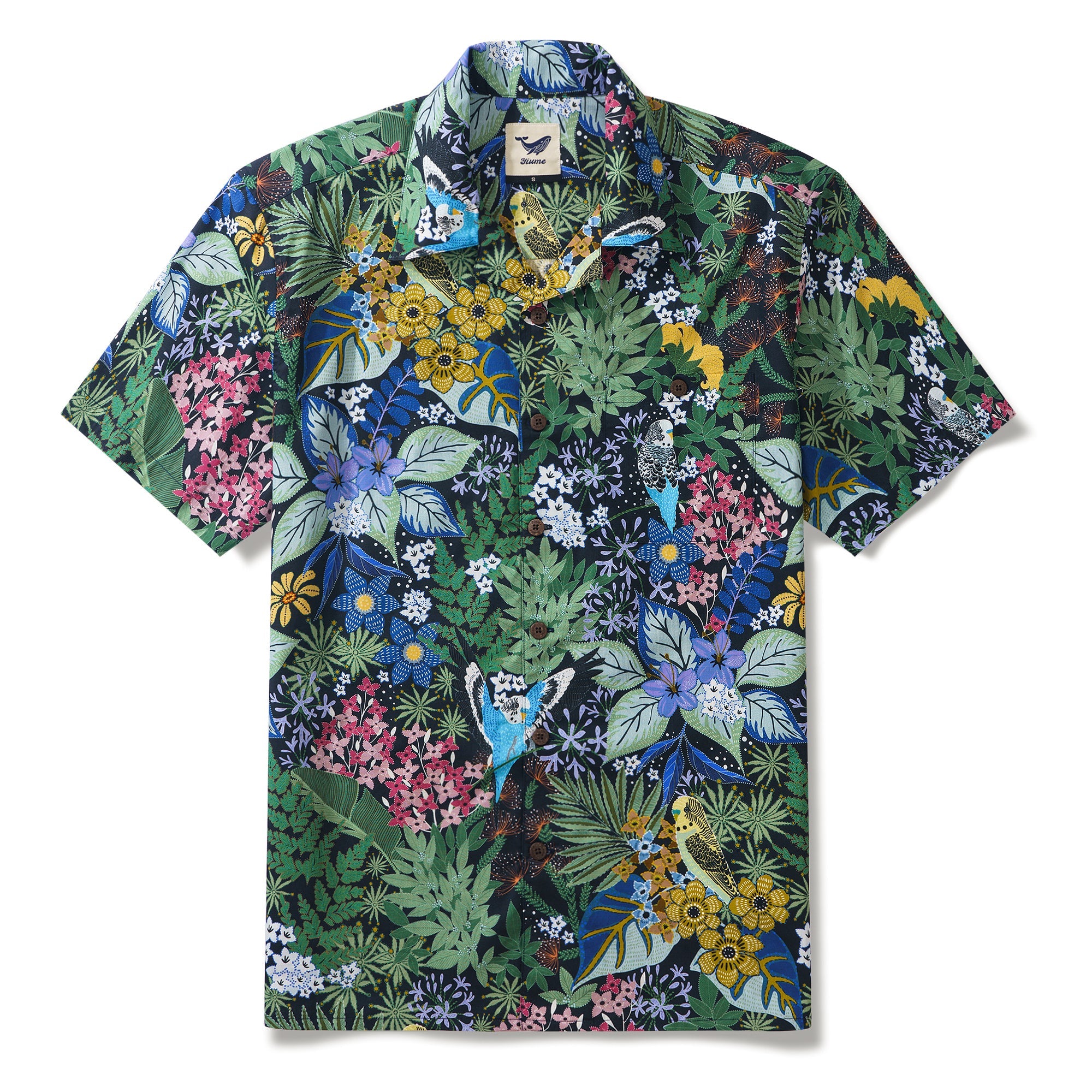 Yiume Papagei Hawaiian Shirt für Männer 100% Baumwolle Kurzarm Grünes Camp-Kragen Aloha-Shirt