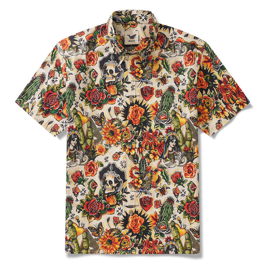 Virgin Mary Hawaiian Shirt For Men Tiki Shirt Short Sleeve Button-down 100% Cotton Desert Skull Shirt