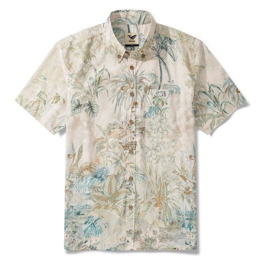 Men's Hawaiian Shirt Short Sleeve Button-down 100% Cotton Green Aloha Verdant Bloomscape