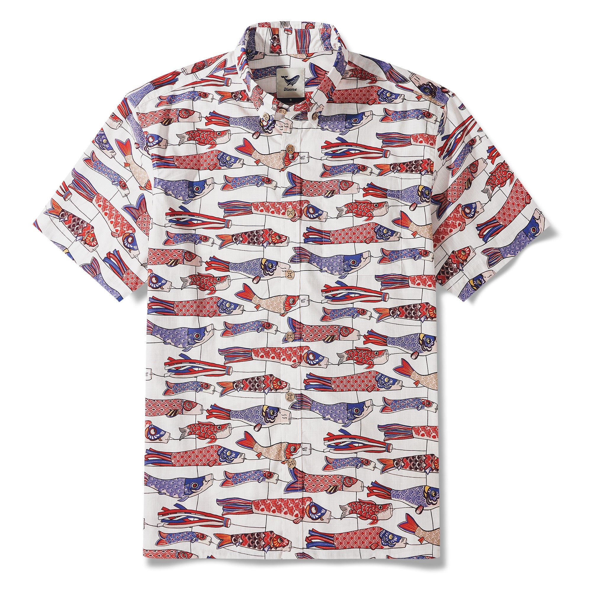 Men's Hawaiian Shirt Short Sleeve Button-down 100% Cotton Beige Aloha Koi in the Wind