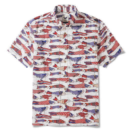 Men's Hawaiian Shirt Short Sleeve Button-down 100% Cotton Beige Aloha Koi in the Wind