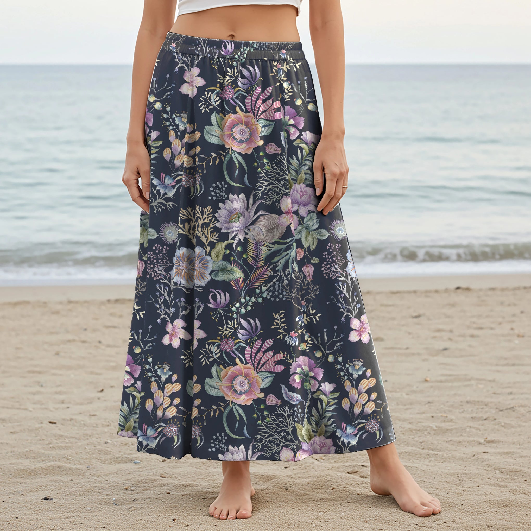 Women Casual Maxi Skirt Long Elastic Waist with Pockets 100% Cotton Blue Aloha Night Blossom Dream