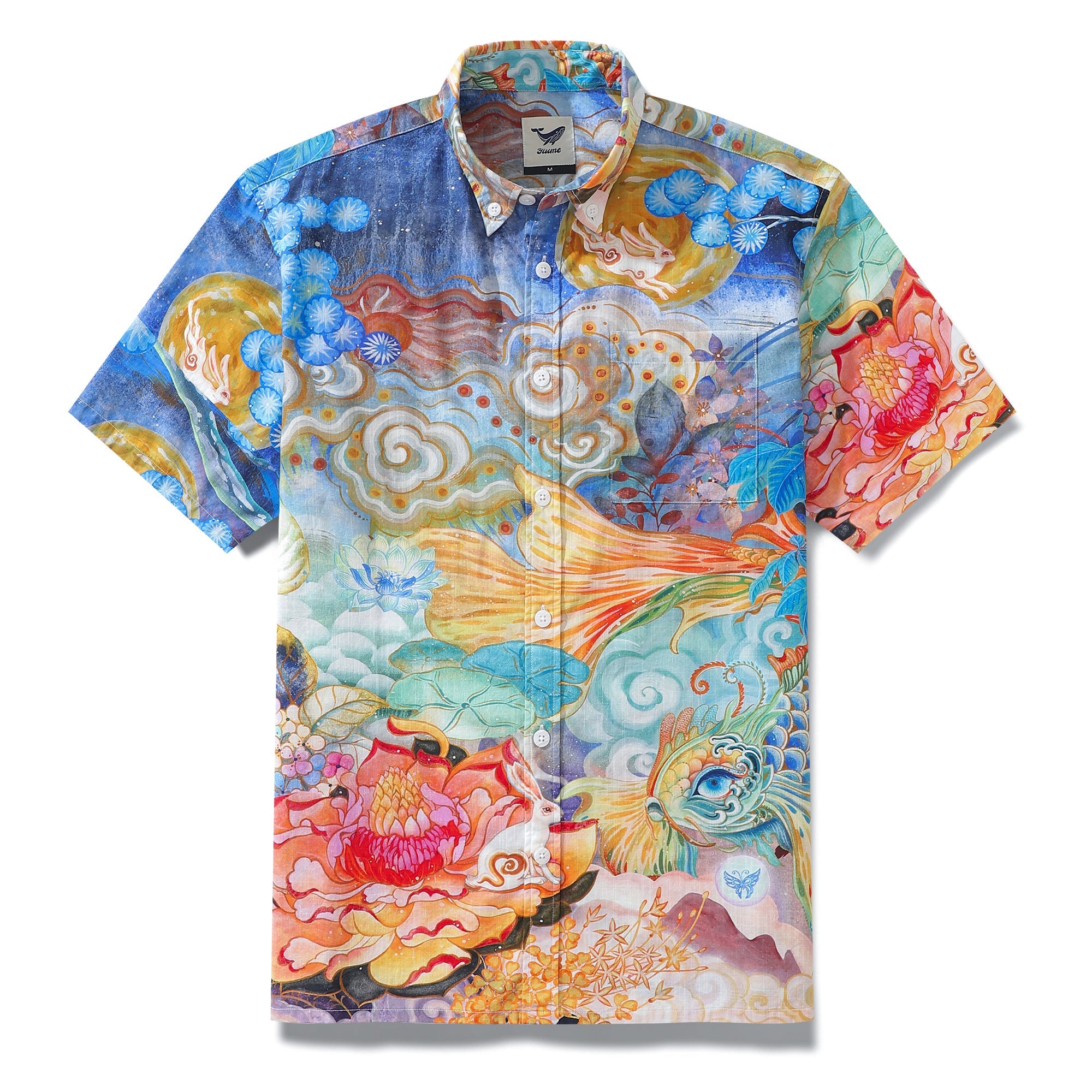 Yiume Men's Designer Hawaiian Shirt Cloud-wandering Koi Print Cotton Blue Aloha Shirt