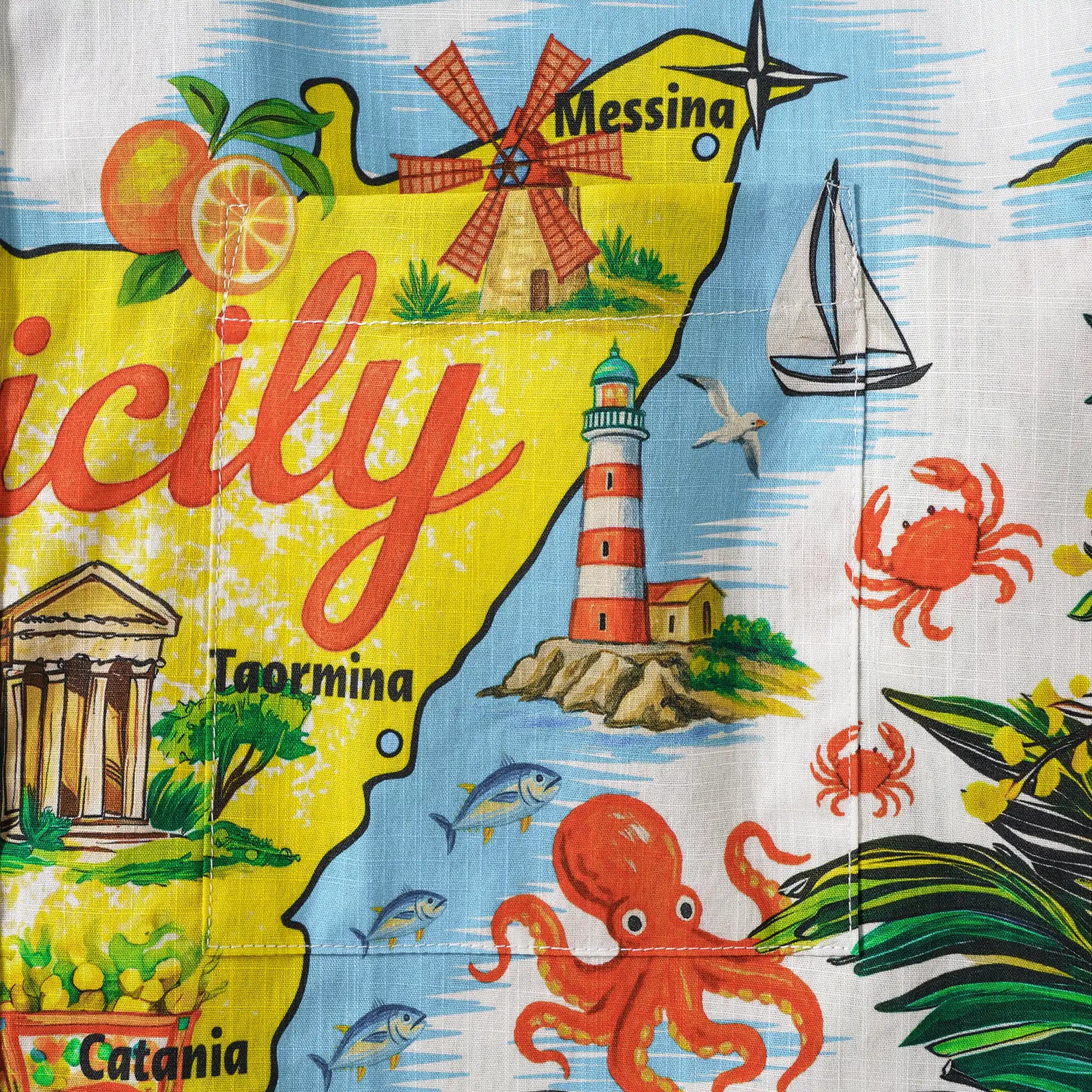 Men's Hawaiian Shirt Short Sleeve Button-down 100% Cotton Blue Aloha Sicilian Coast