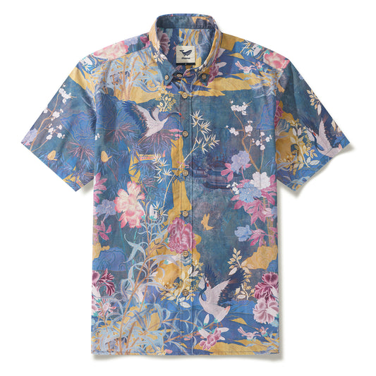 Tapisserie Pastel Oriental - Tissage élégant inspiré de la Chine Chemise à manches courtes Aloha hawaïenne pour homme 100% coton avec boutons