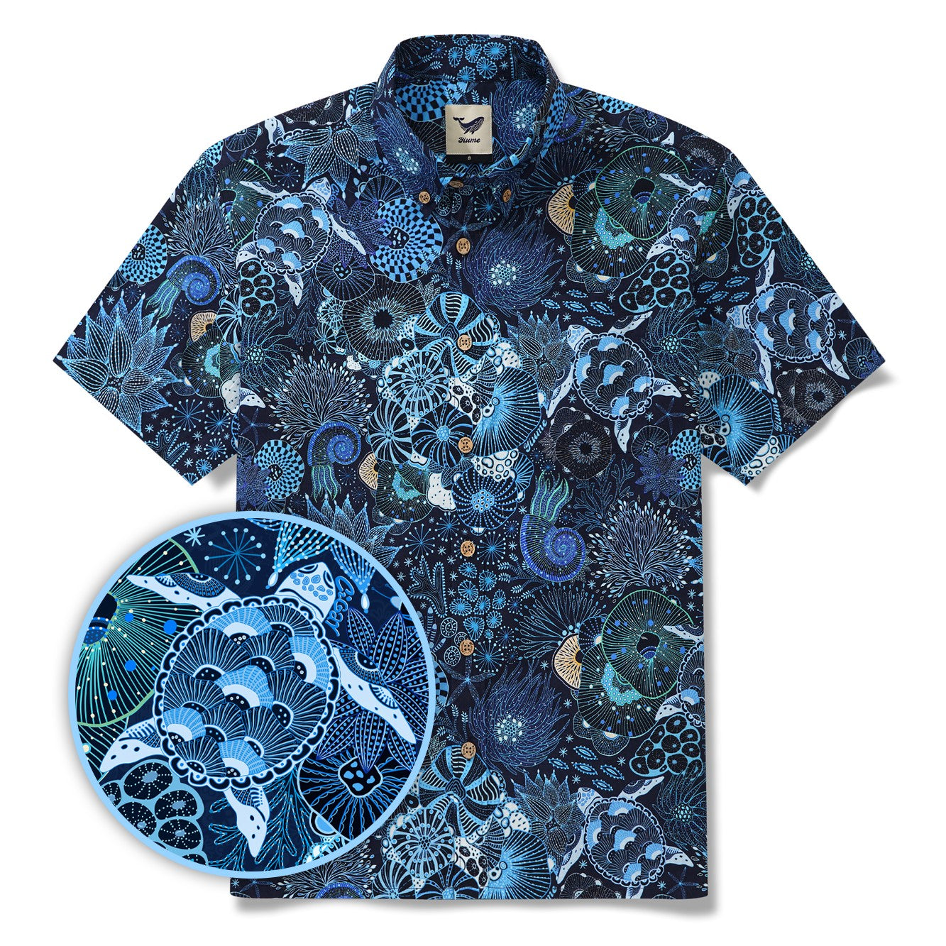 Yiume Sea Turtle Hawaiian Shirt For Men 100% Cotton Blue Shirt Short Sleeve Button-down Shirt