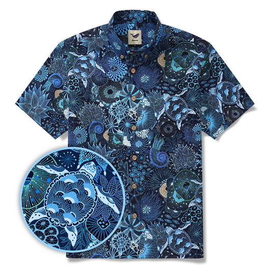 Yiume Sea Turtle Hawaiian Shirt For Men 100% Cotton Blue Shirt Short Sleeve Button-down Shirt