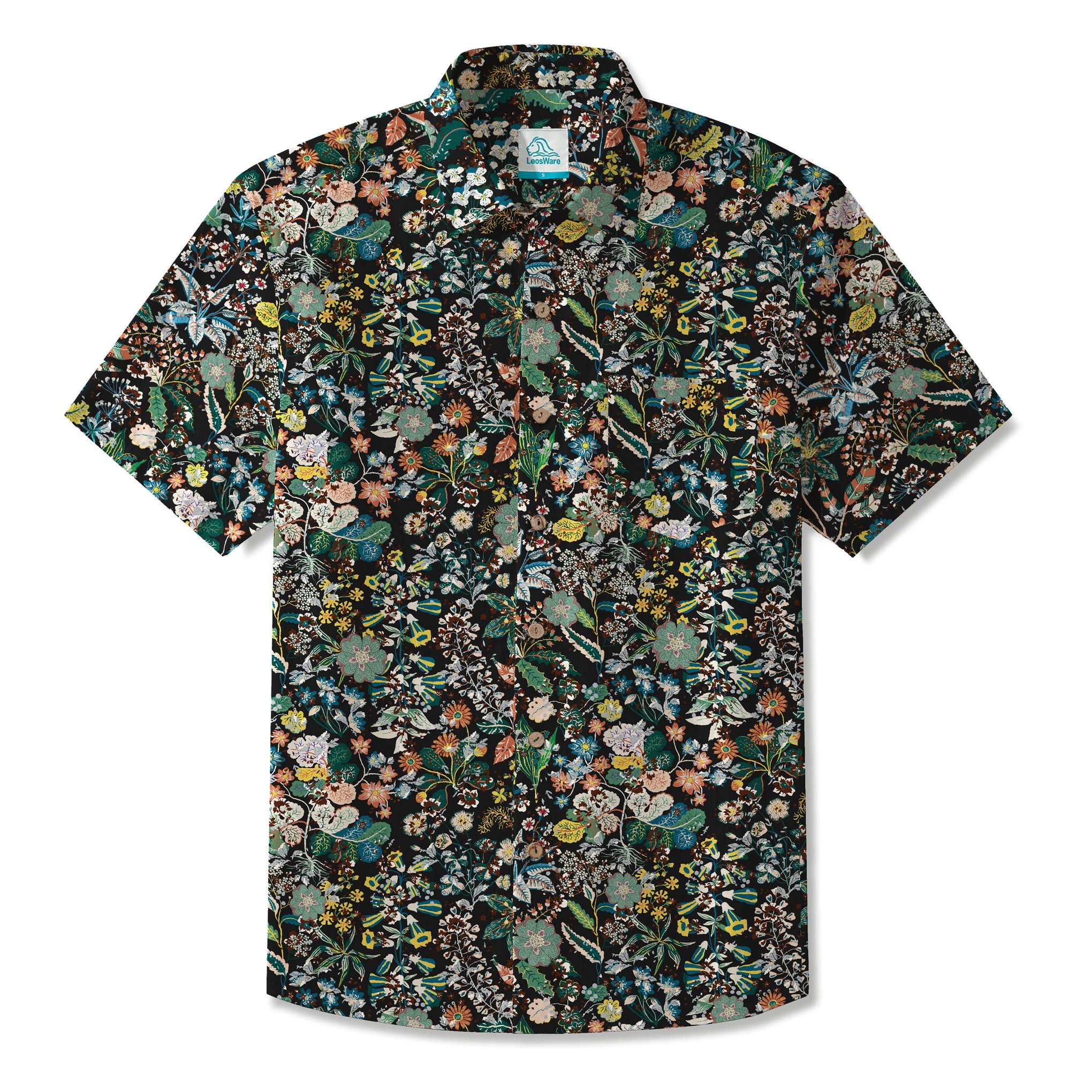 LeosWare® Men's Hawaiian Shirt Short Sleeve Button-up 100% Cotton Green Aloha Vintage Black Floral