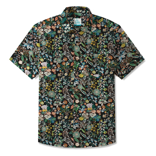 LeosWare® Men's Hawaiian Shirt Short Sleeve Button-up 100% Cotton Green Aloha Vintage Black Floral