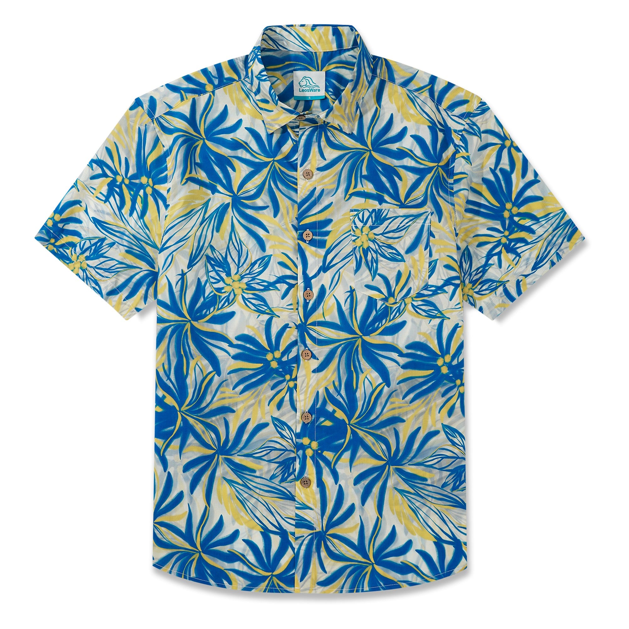 LeosWare® Men's Hawaiian Shirt Short Sleeve Button-up 100% Cotton Green Aloha Tropical Leaf Symphony In Blue And Yellow