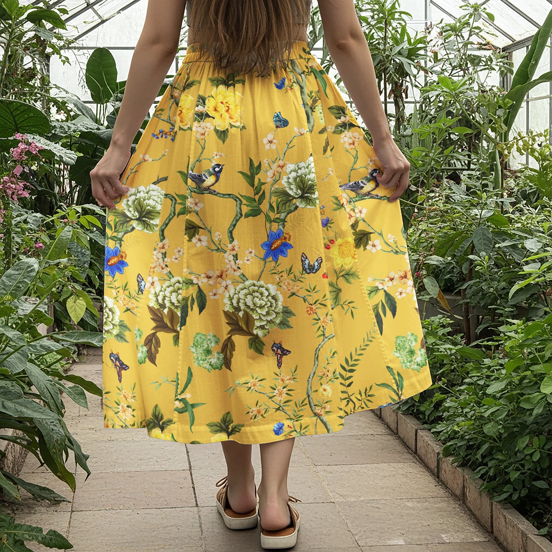 Women Casual Maxi Skirt Long Elastic Waist with Pockets 100% Cotton Yellow Aloha Turmeric Courtyard Blossom