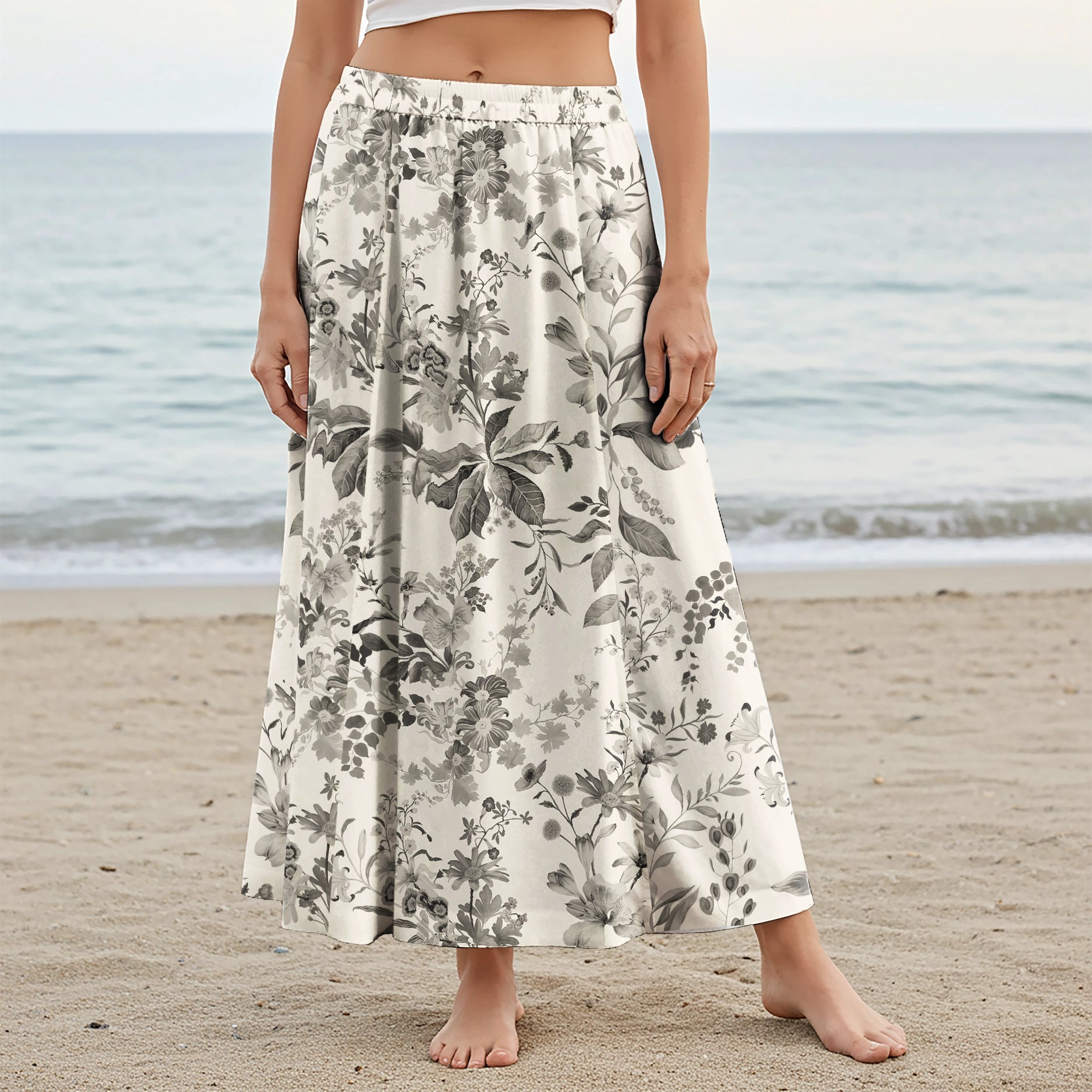 Women Casual Maxi Skirt Long Elastic Waist with Pockets 100% Cotton Gray Aloha Vintage Countryside