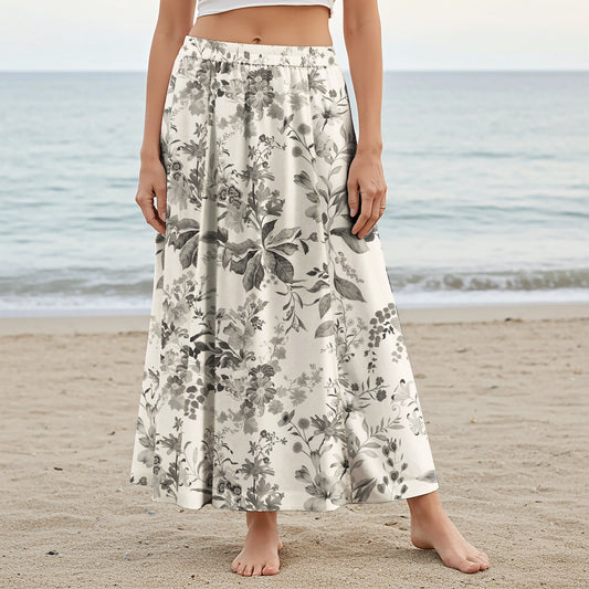 Women Casual Maxi Skirt Long Elastic Waist with Pockets 100% Cotton Gray Aloha Vintage Countryside