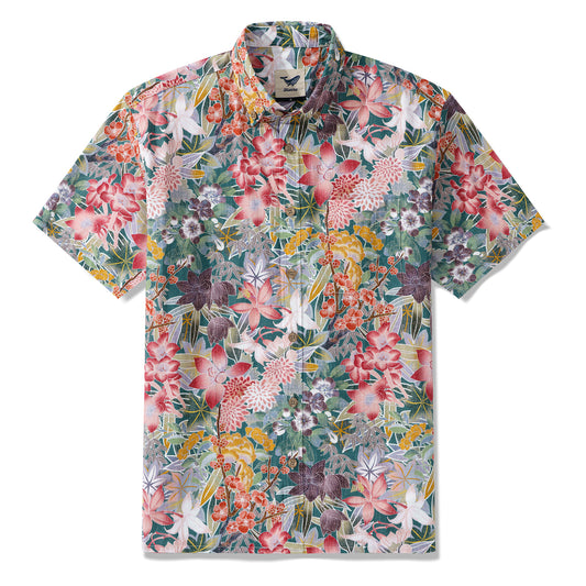 Chemise hawaïenne pour hommes Chemise à boutons Sakura Blossom Manches courtes 100 % coton Chemise Aloha