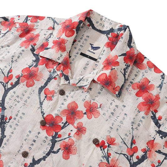 Chemise hawaïenne 100 % coton pour hommes - Chemise à col camp en fleurs de prunier poétiques