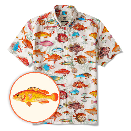 Chemise Yiume pour hommes à motif de poissons tropicaux 100 % coton, chemise hawaïenne à manches courtes, à boutons, couleur beige, chemise Aloha.