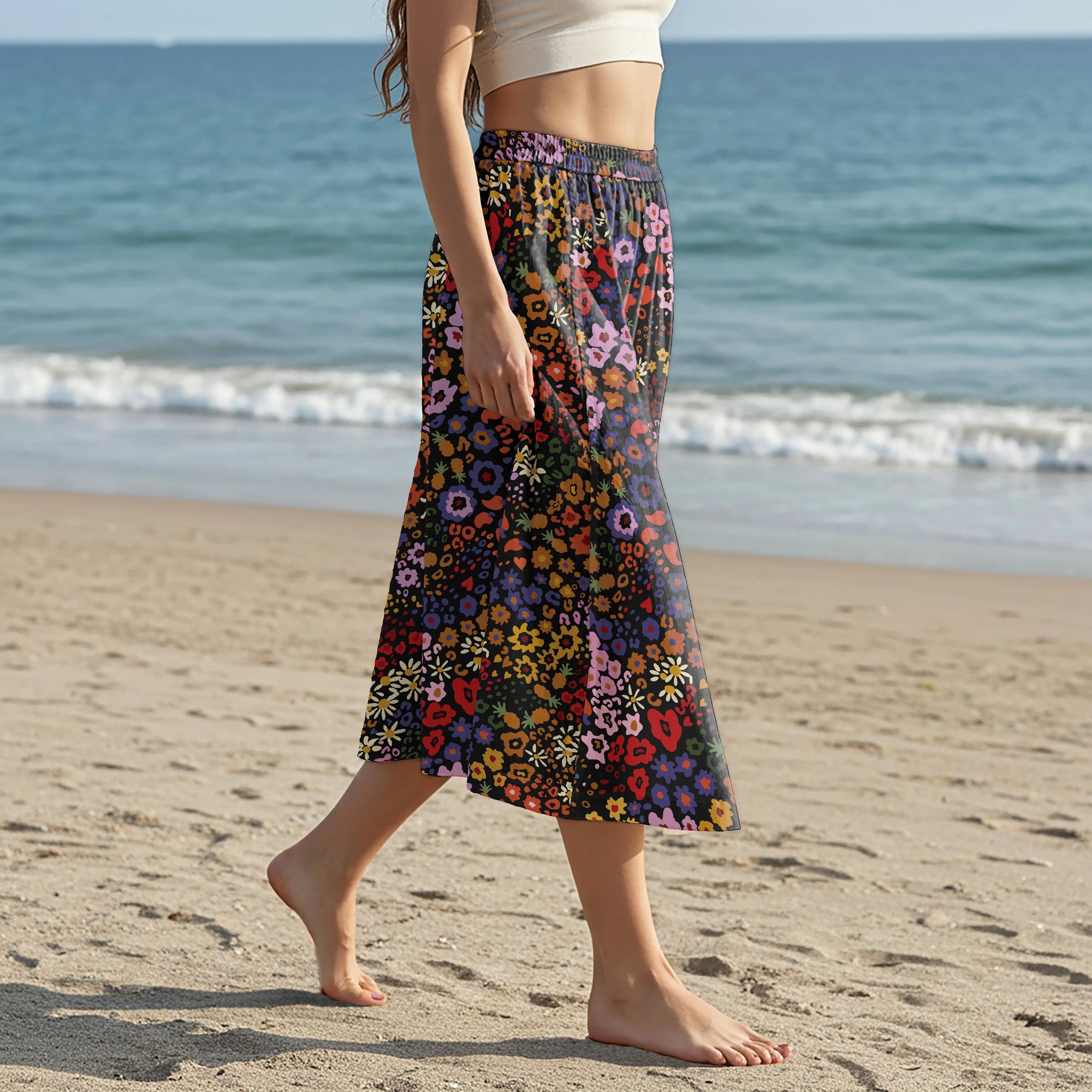Women Casual Maxi Skirt Long Elastic Waist with Pockets 100% Cotton Black Aloha Midnight Blossoms