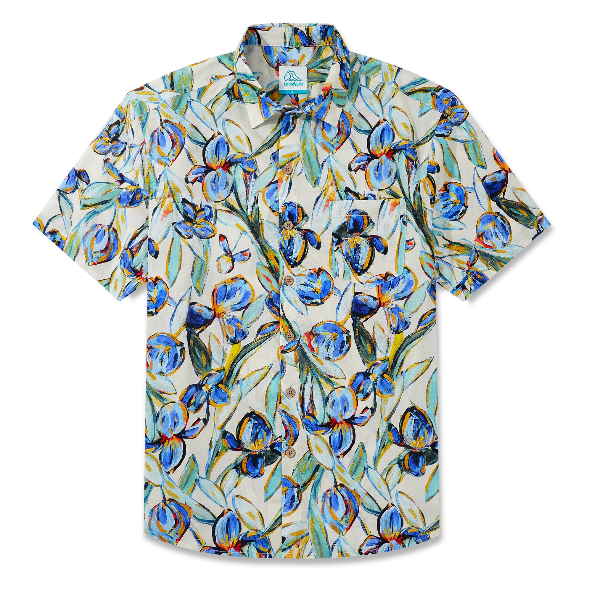 LeosWare® Men's Hawaiian Shirt Short Sleeve Button-up 100% Cotton Blue Aloha Vibrant Blue Floral Art Painting